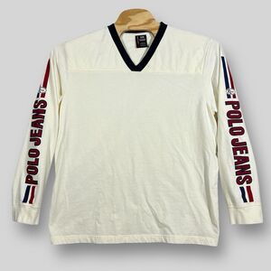 Ralph Lauren Polo Jeans Co Shirt Mens XL‎ Cream V Neck Long Sleeve Arm Spellout
